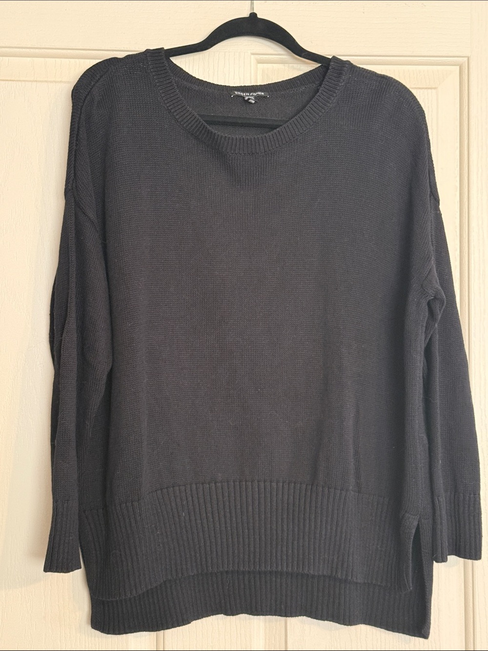 Eileen Fisher Black Scoopneck Lightweight Linen & Cotton Blend Sweater
